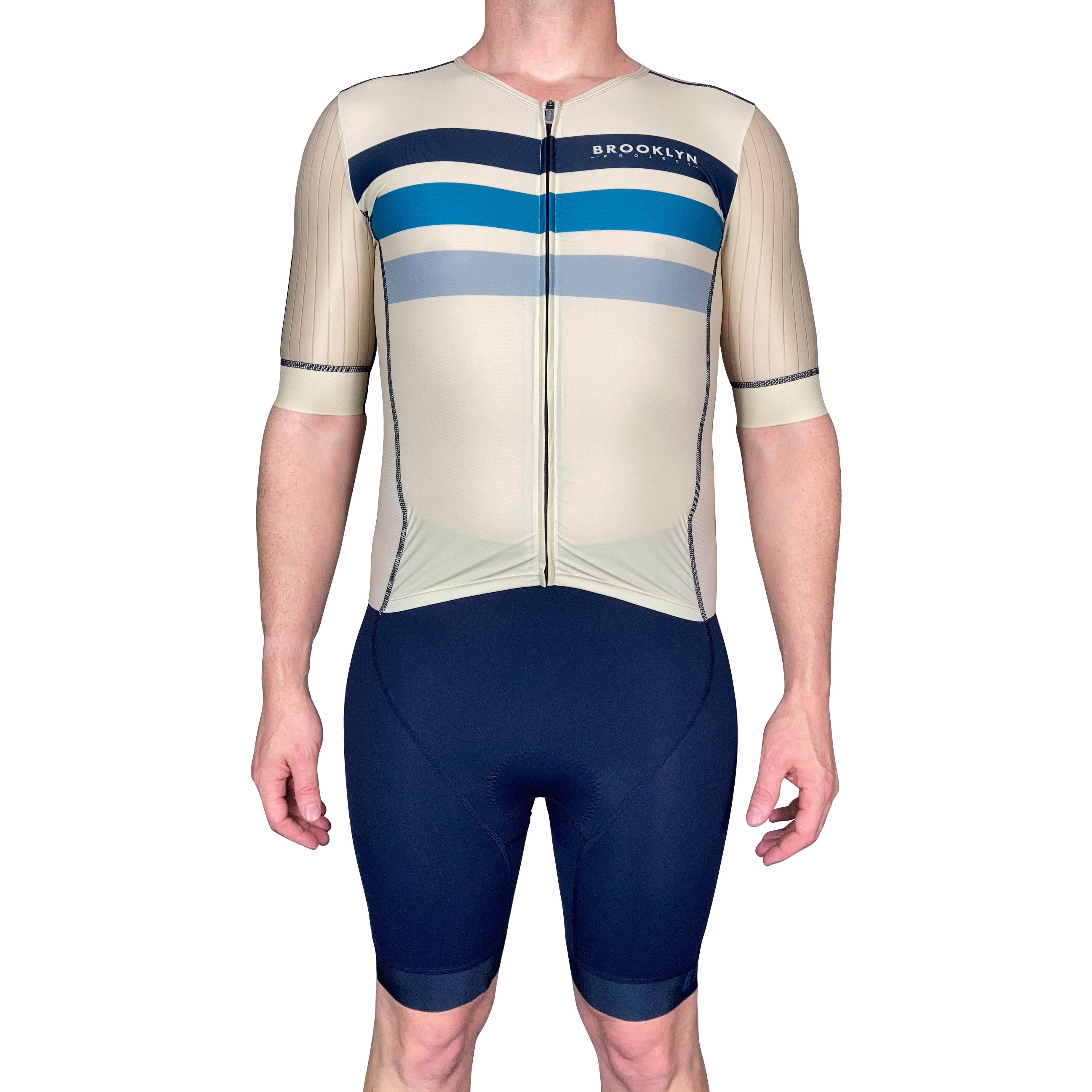 Men's Aero Triathlon Suit - Open Front, Endurance Speed Suit - Ivory/Navy