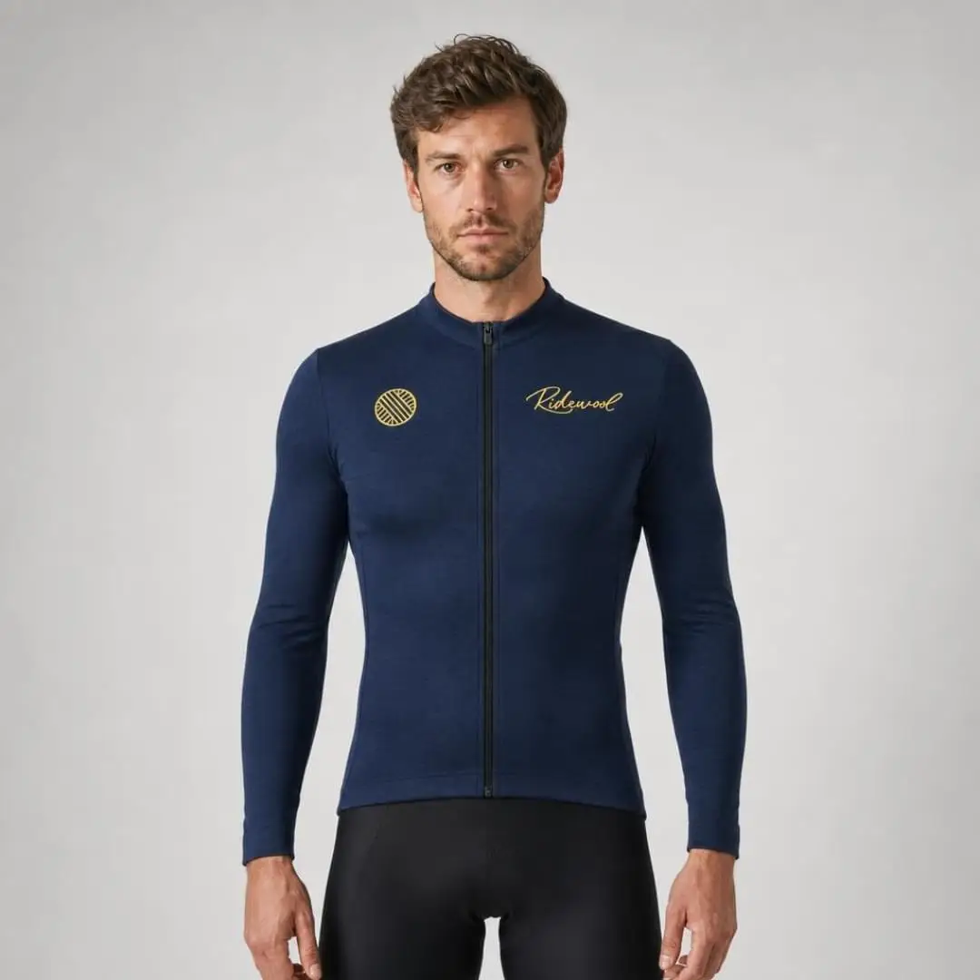 Merino Wool Cycling Jersey Long Sleeve Ridewool Navy