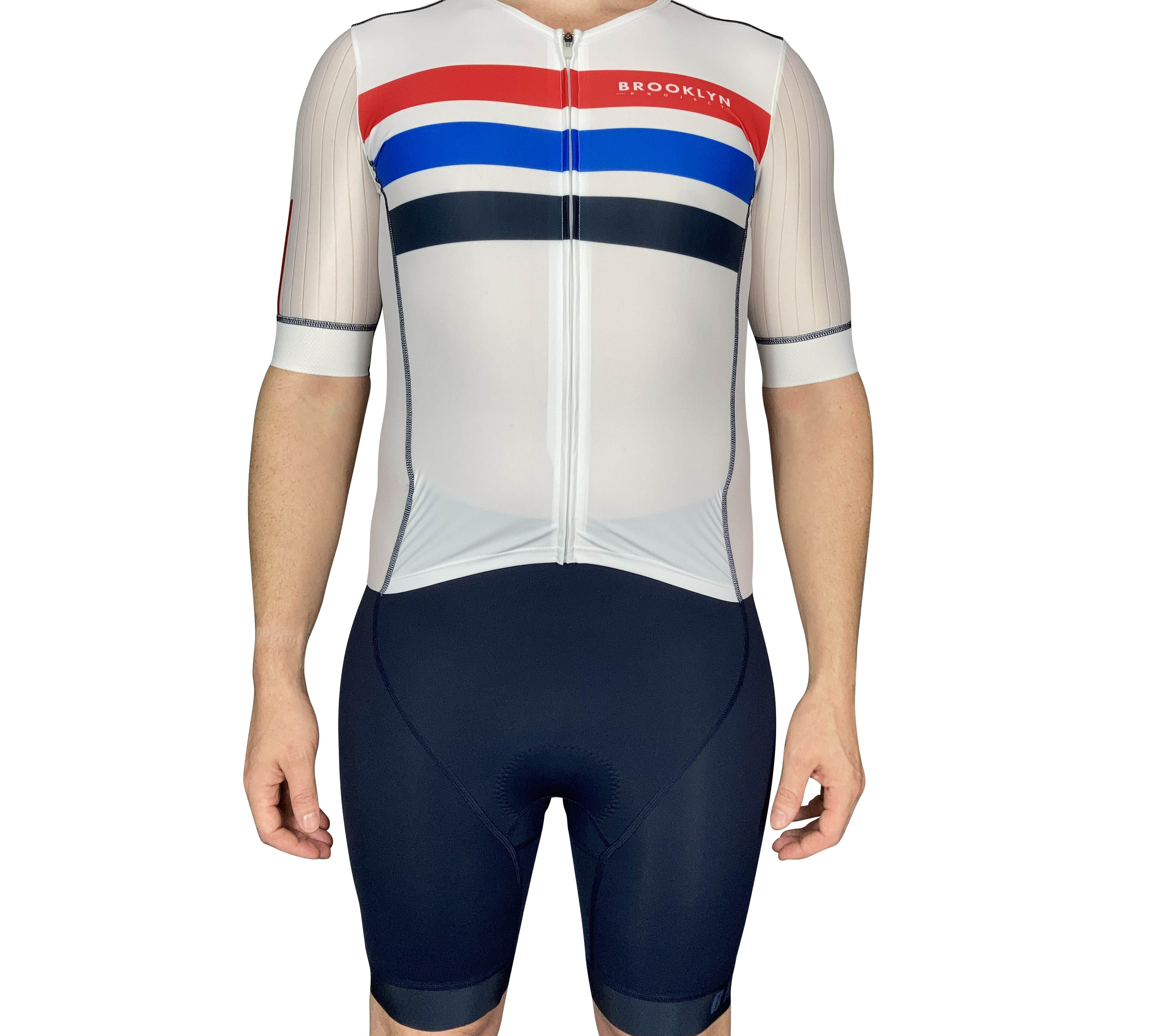 Men's Aero Triathlon Suit - Open Front, Endurance Speed Suit - White-Navy