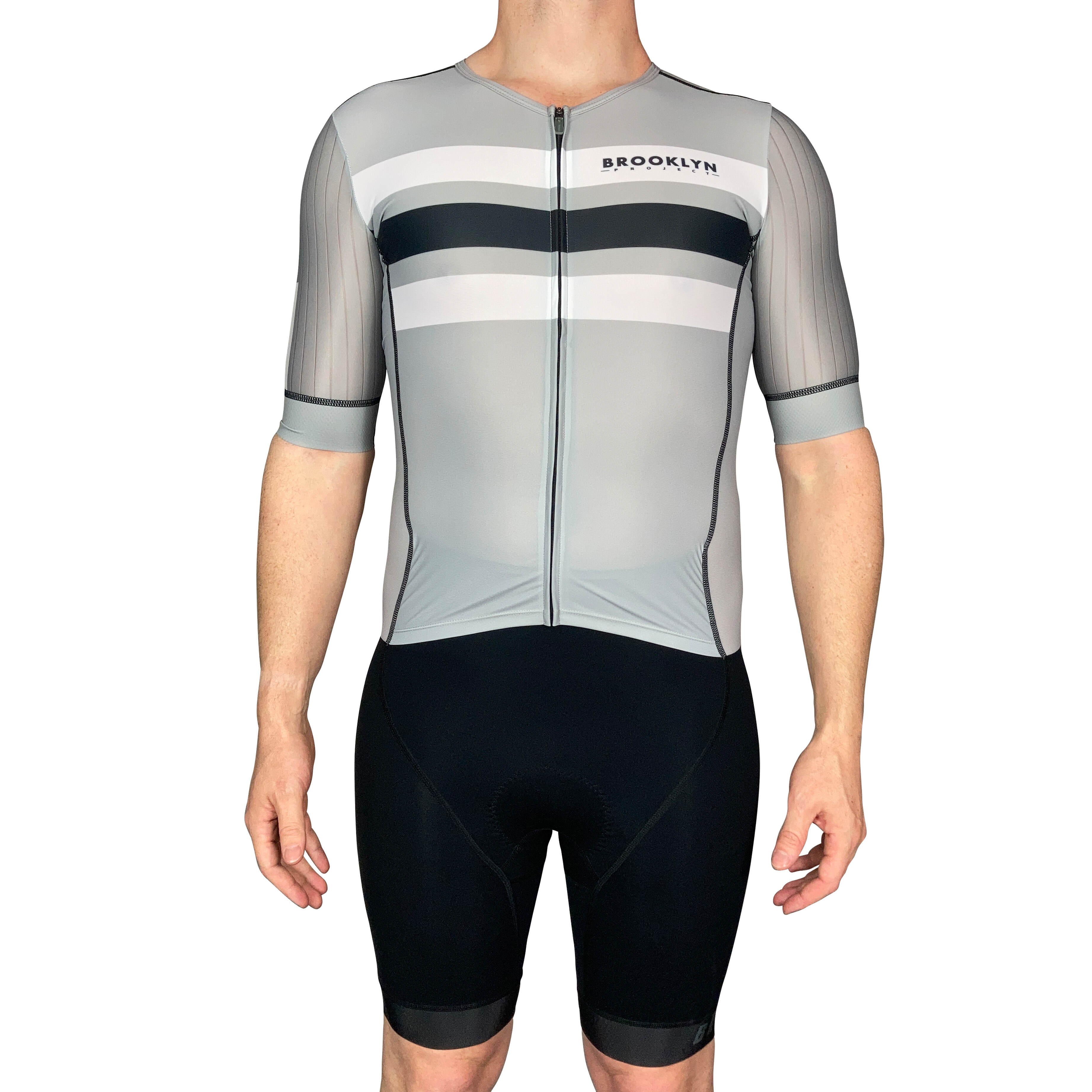 Men's Aero Triathlon Suit - Open Front, Endurance Speed Suit - Light Grey/Black