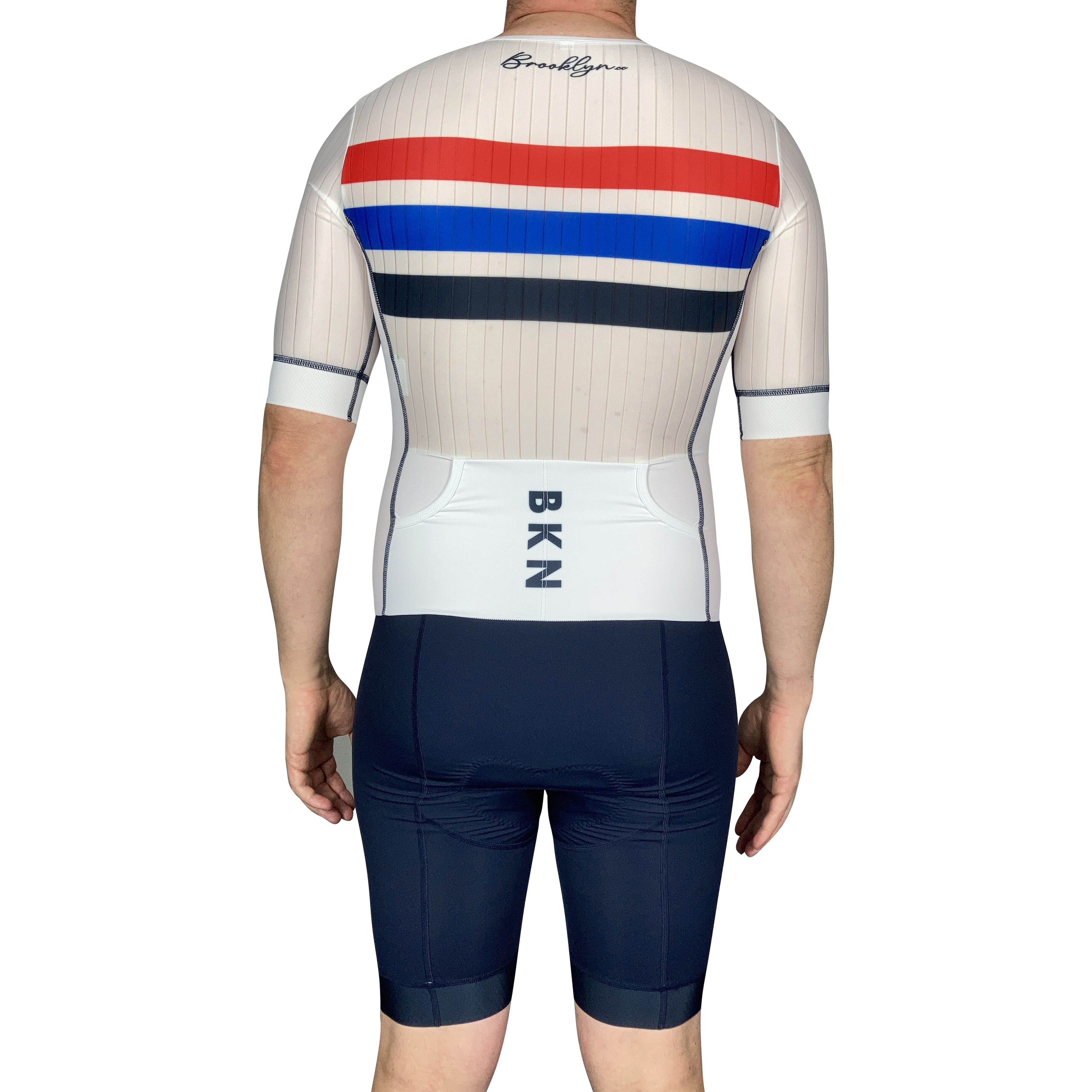 Men's Aero Triathlon Suit - Open Front, Endurance Speed Suit - White-Navy