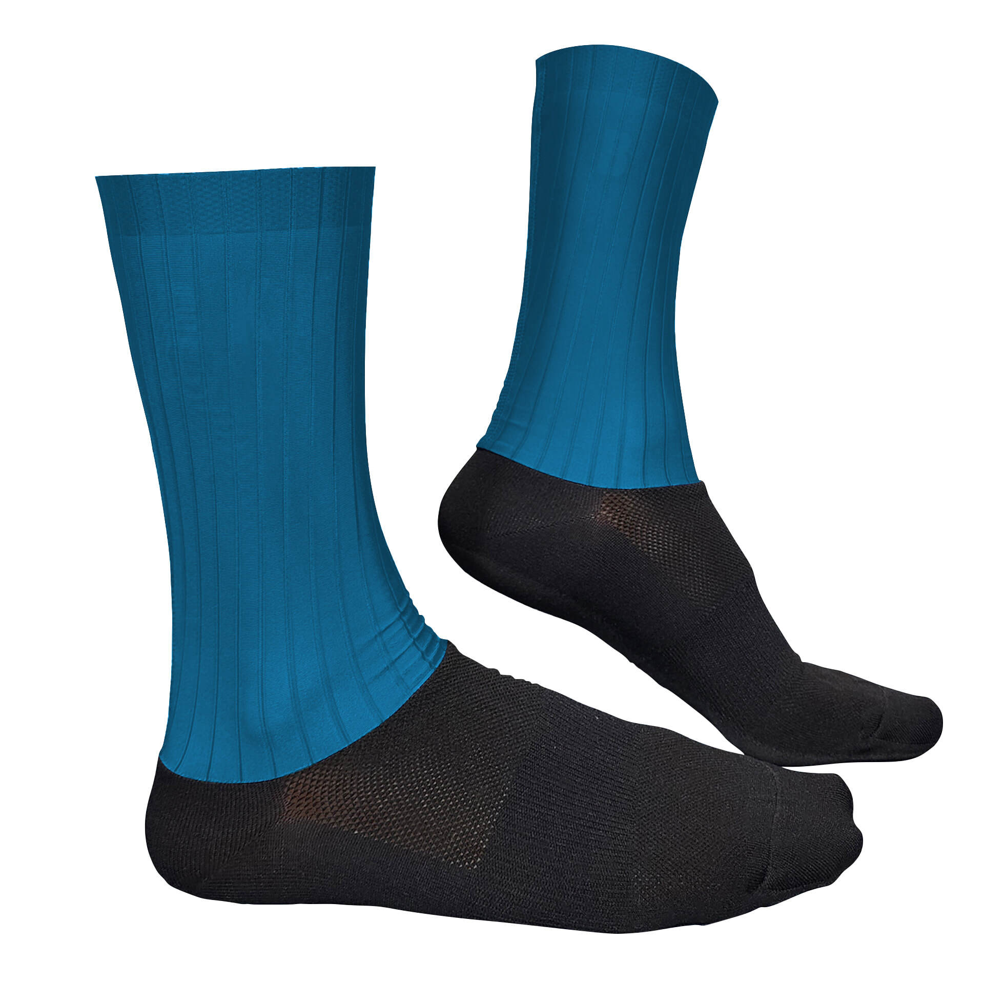 Aero Cycling Socks Peacock Blue on bike