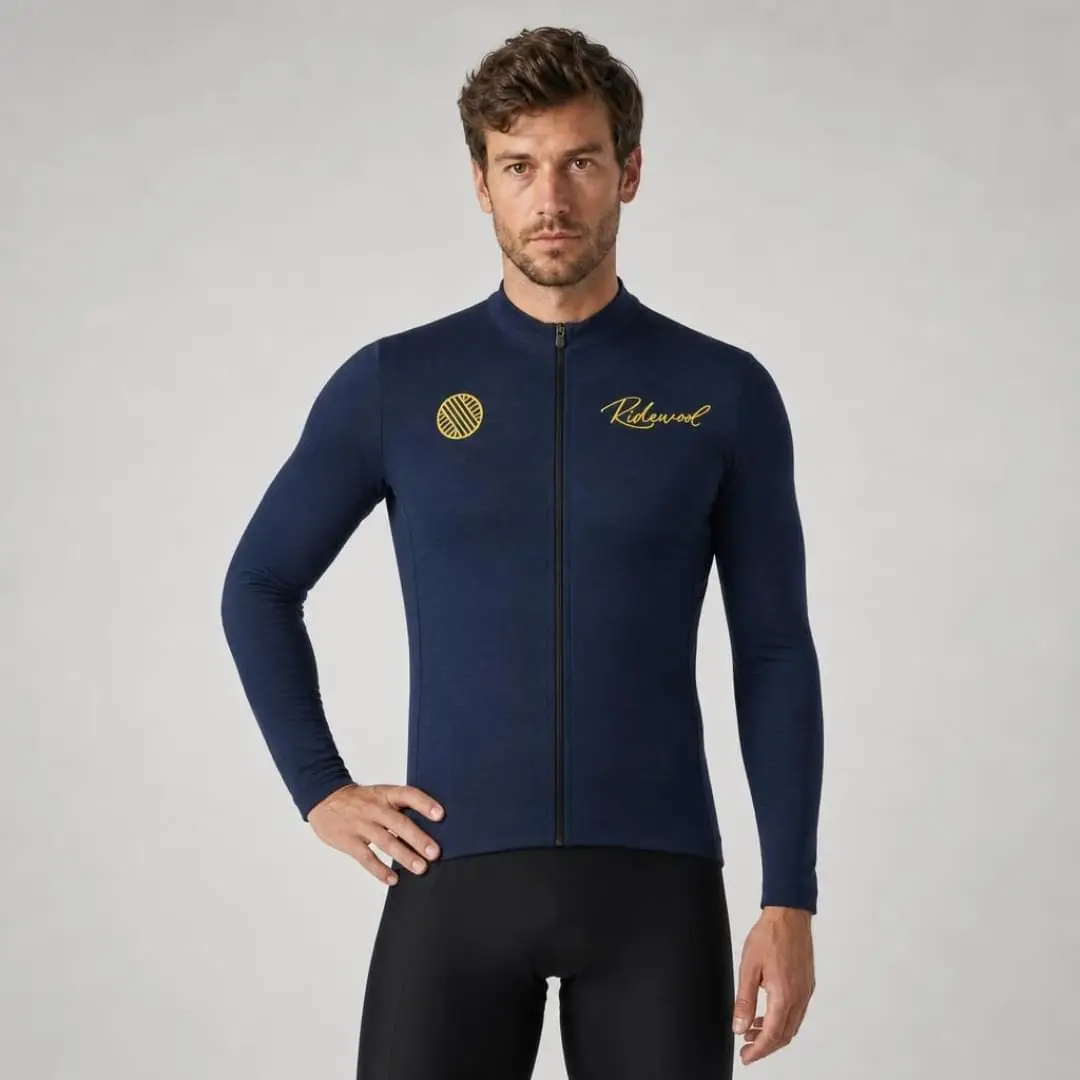 Merino Wool Cycling Jersey Long Sleeve Ridewool Navy