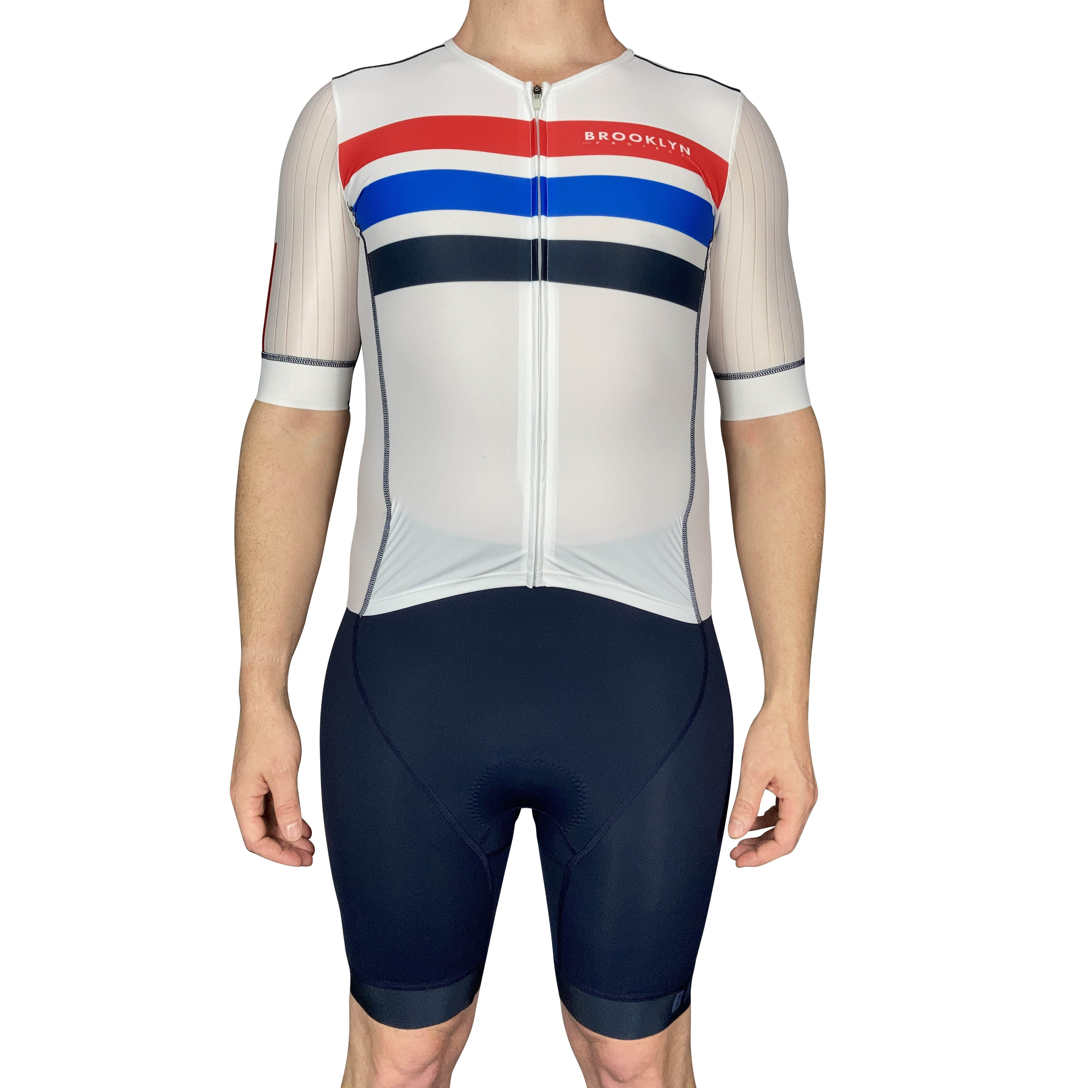 Men's Aero Triathlon Suit - Open Front, Endurance Speed Suit - White-Navy