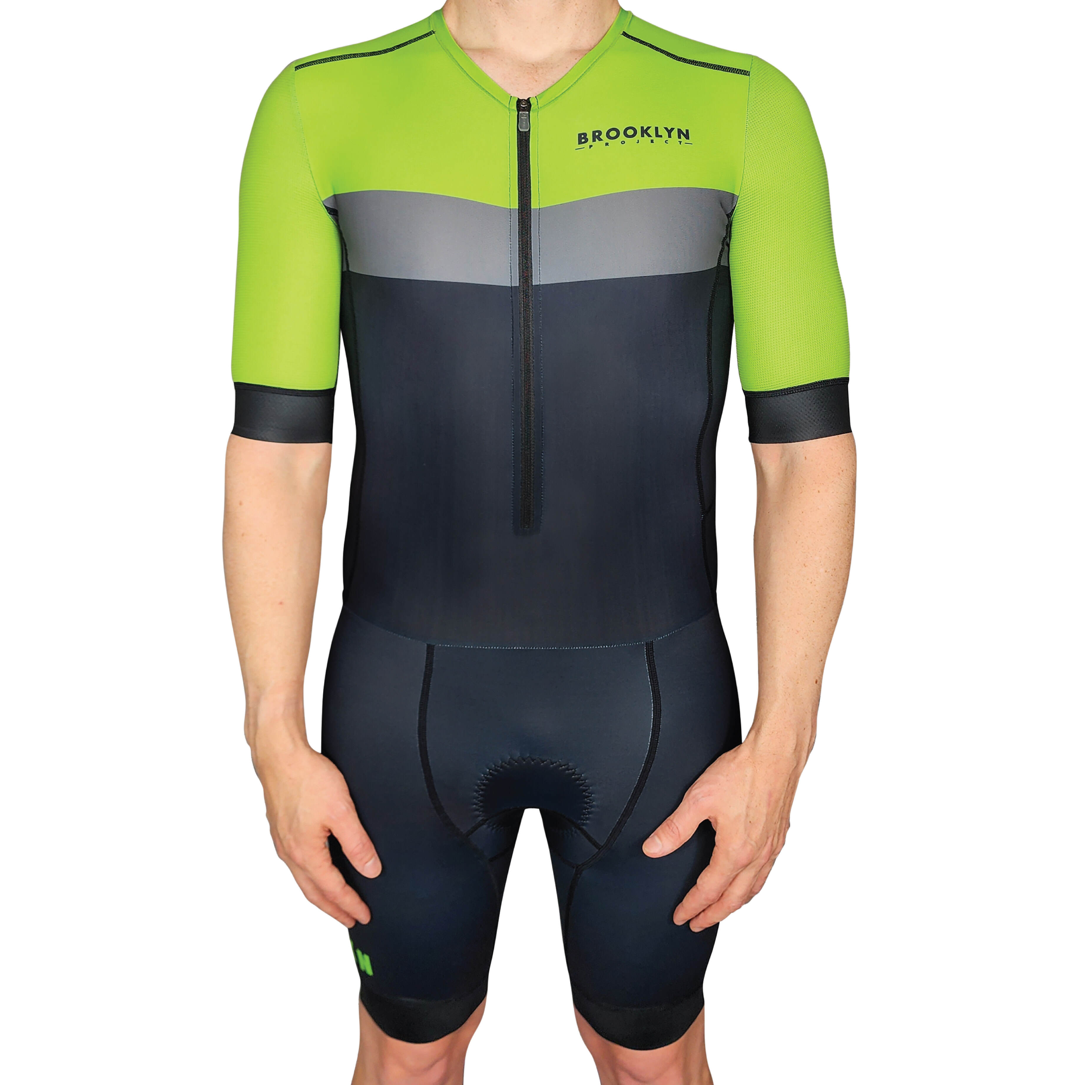 Men's Endurance Sleeved Tri Suit | Long Distance Triathlon Suit with Pockets & Chamois | Black-Green-Lime