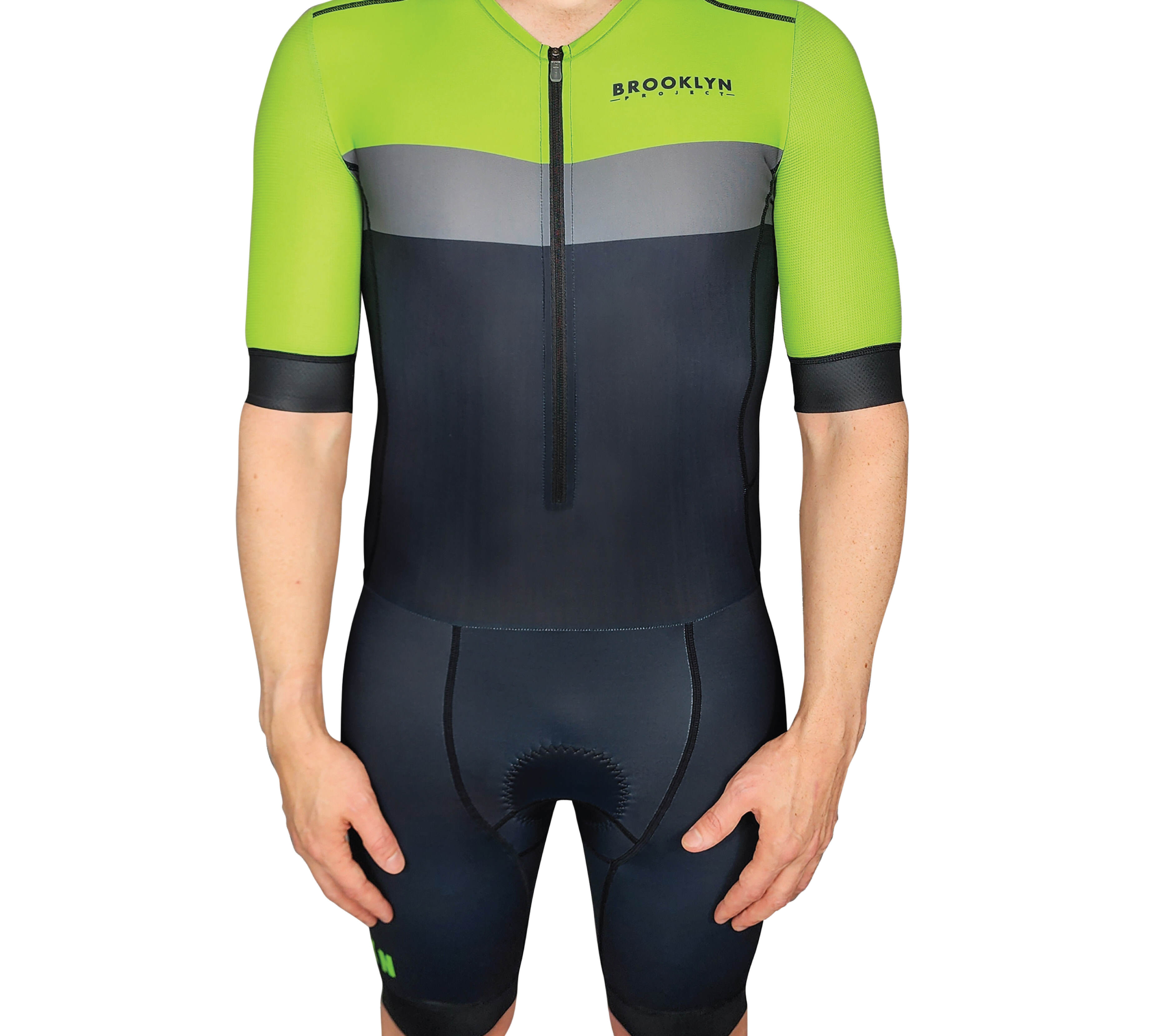 Men's Endurance Sleeved Tri Suit | Long Distance Triathlon Suit with Pockets & Chamois | Black-Green-Lime