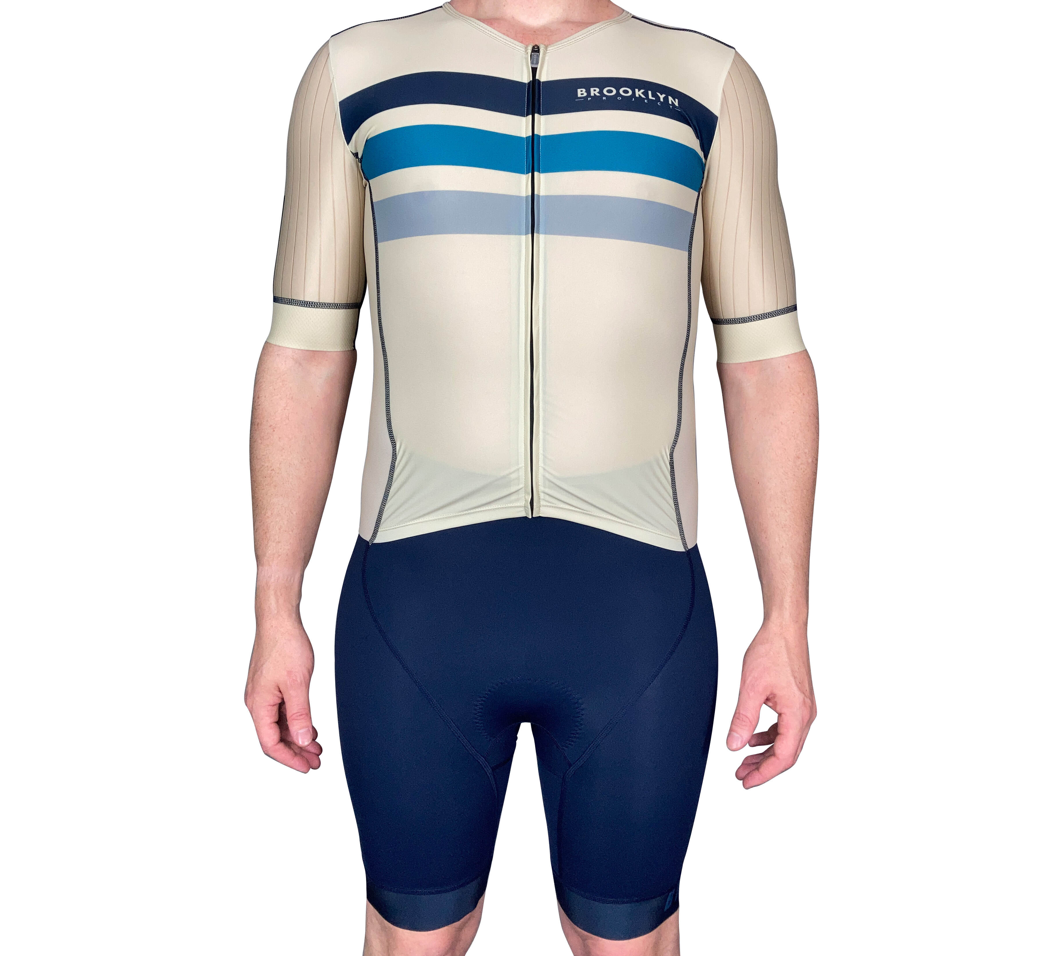 Men's Aero Triathlon Suit - Open Front, Endurance Speed Suit - Ivory/Navy